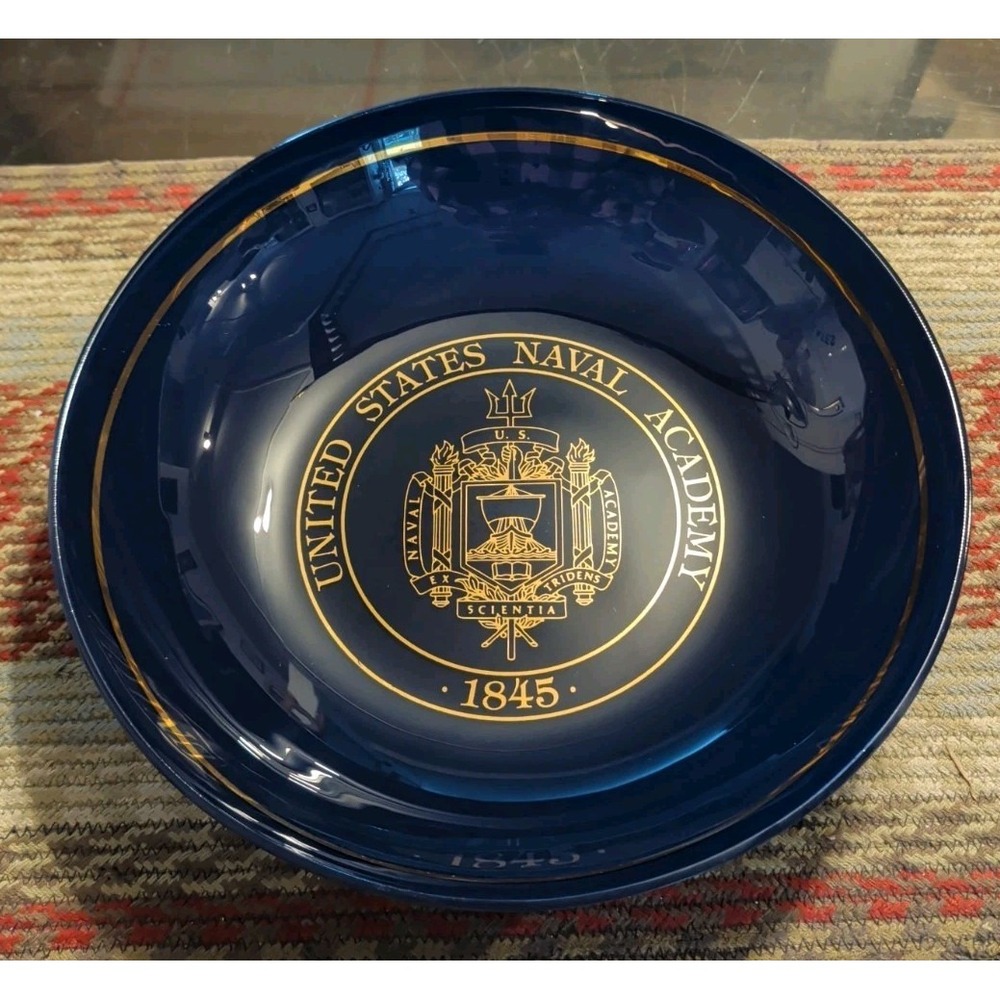 Gorgeous Rare United States Naval Academy Large Blue Glass Bowl Unique